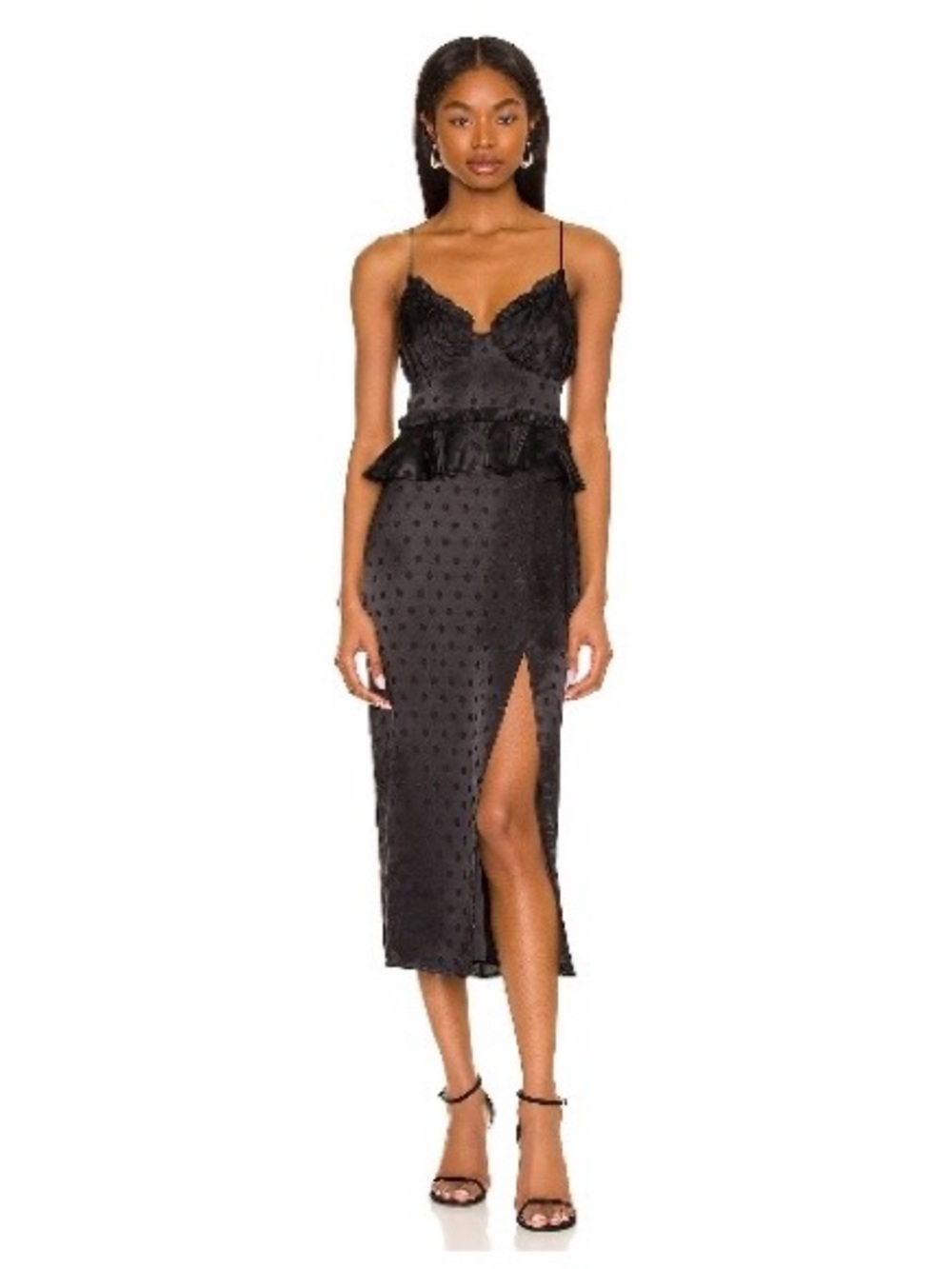 MAJORELLE Black Dot Midi Slip Dress with Side Slit